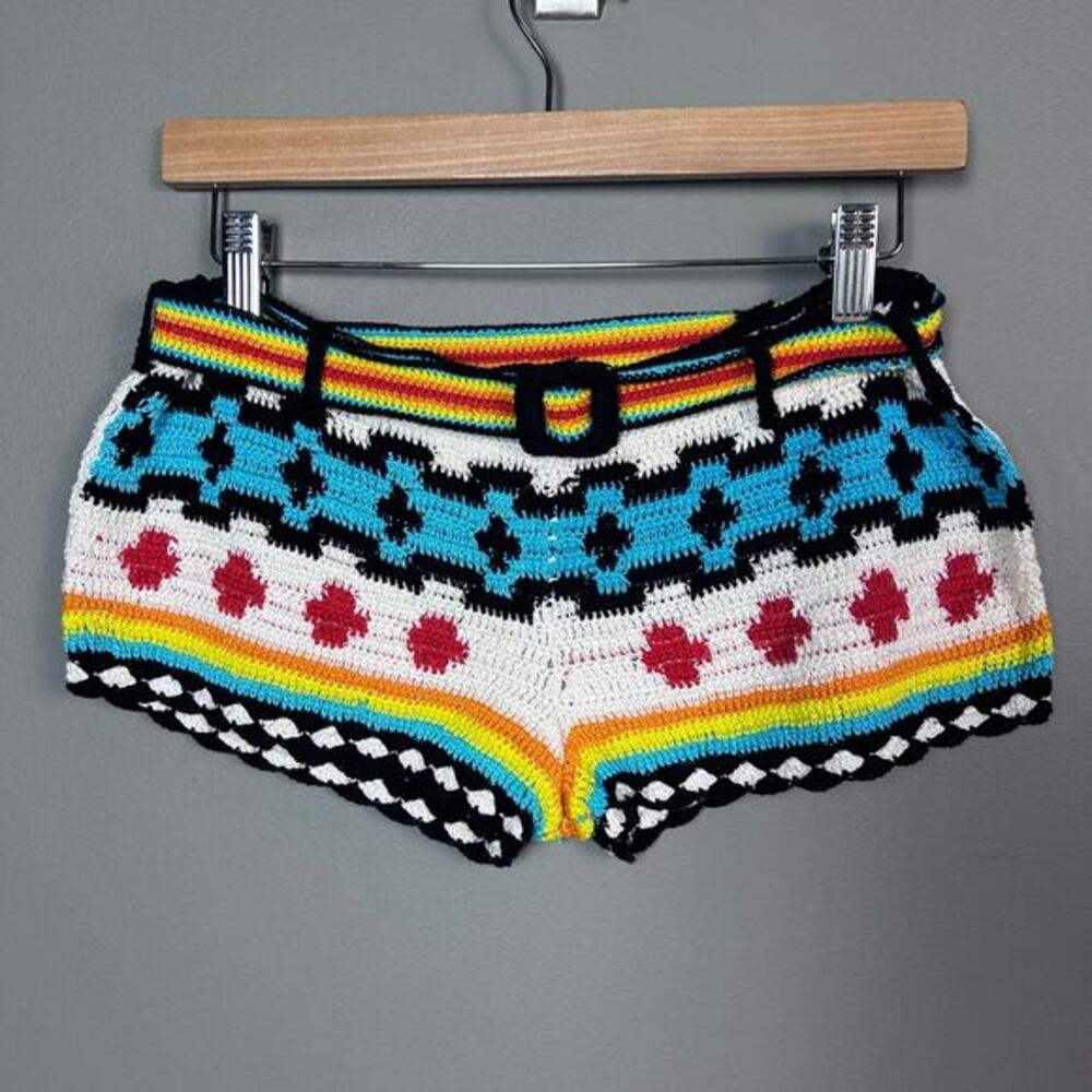 Anna Kosturova shorts Medium‎ crochet aztec western boho rainbow turquoise red